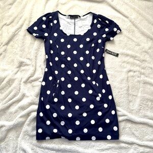 Blue and white polka dot dress with pockets